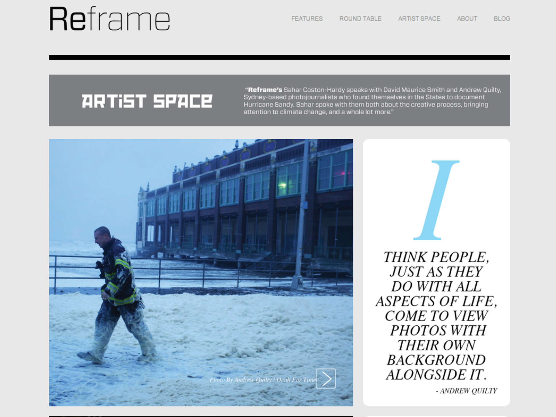 The Artist Space section of Reframe, interviewing two photographers who captured Hurricane Sandy's devastation.
